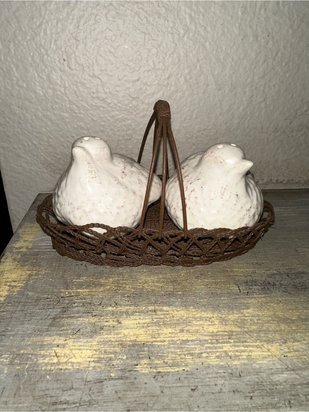 Rustic White Salt and Pepper Shakers Birds in a Metal Basket Stoppers